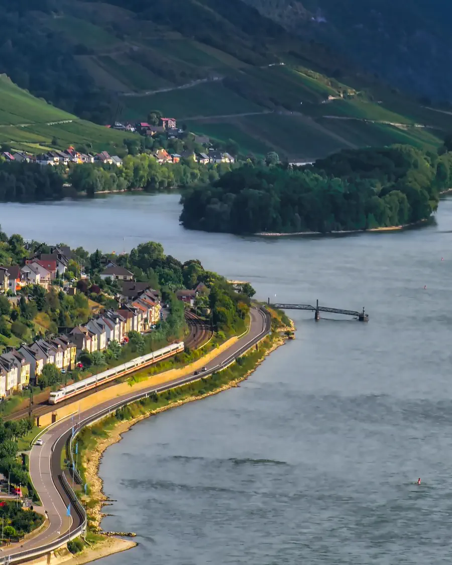 Rheinschleife mit Weinbergen, Uferort und Bahnlinie am Fluss